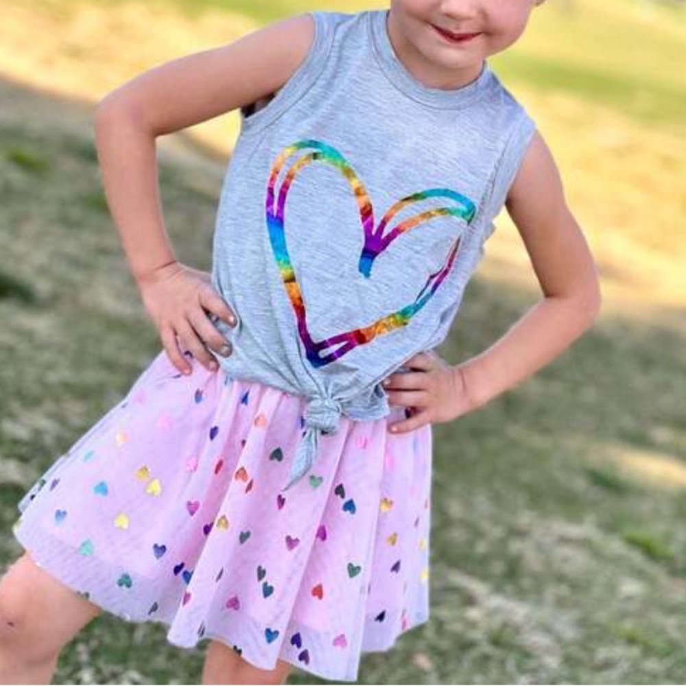 PixieLane Blush Foul Hearts Rainbow Tulle Skirt Kids Sz 8